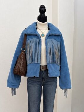BuddyLove Skylar Blue Faux Fur Fringe Western Jacket M
